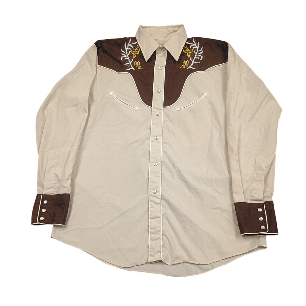 Ely Plains Western Pearl Snap Shirt Mens L Tan Brown Embroidered Vintage Style